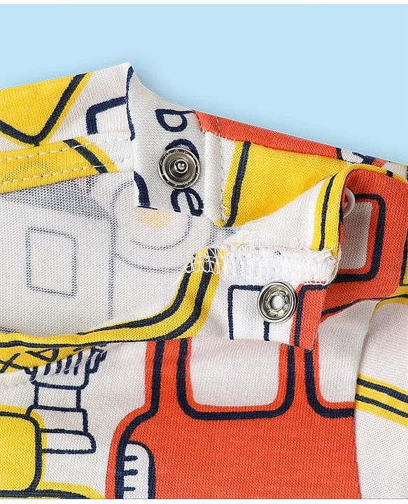 Babyhug Cotton Knit Full Sleeves Co-ords Night Suit with Traffic Print - White