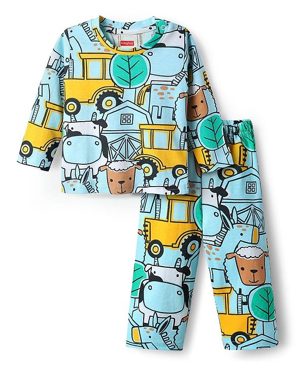 Babyhug Cotton Knit Full Sleeves Co-ords Night Suit with Animal Print - Light Blue
