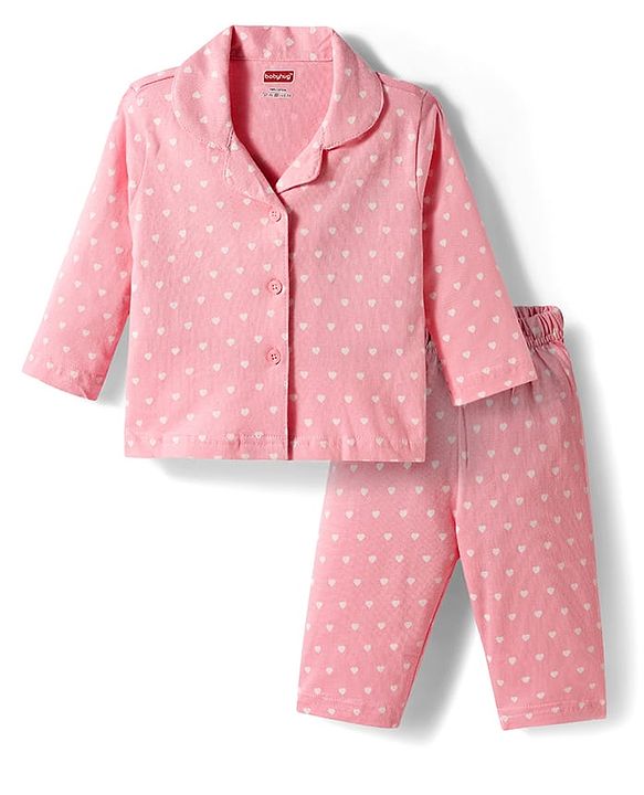 Babyhug Cotton Knit Full Sleeves Co-ords Night Suit with Polka Dots Print - Pink