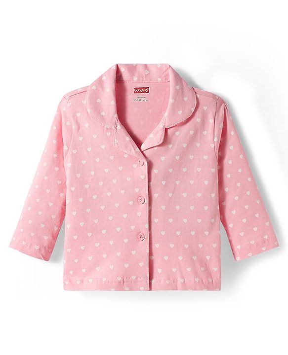 Babyhug Cotton Knit Full Sleeves Co-ords Night Suit with Polka Dots Print - Pink