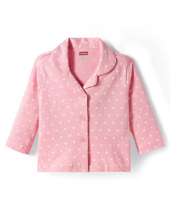 Babyhug Cotton Knit Full Sleeves Co-ords Night Suit with Polka Dots Print - Pink