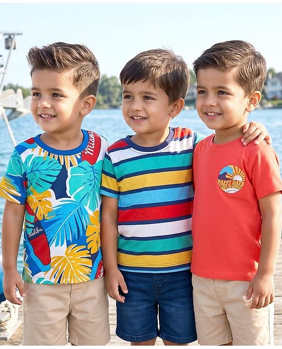 Babyhug 100% Cotton Knit Half Sleeves Striped & Beach Theme Printed T-Shirts Pack of 3 - Multicolor