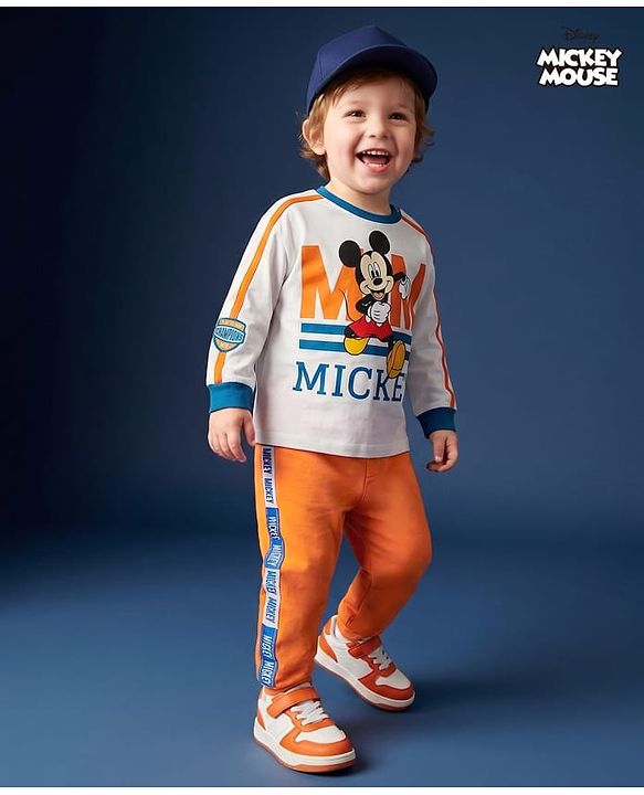 BABYHUG Single Jersey Knitted Full Sleeves T-Shirt & Pant Set With Mickey Mouse Graphic - Orange & White
