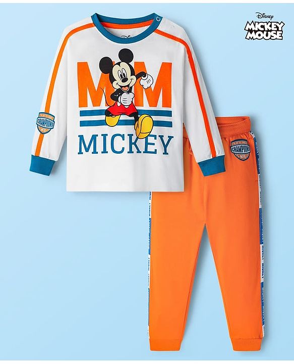 BABYHUG Single Jersey Knitted Full Sleeves T-Shirt & Pant Set With Mickey Mouse Graphic - Orange & White