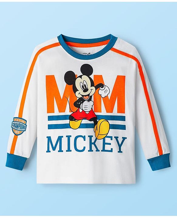 BABYHUG Single Jersey Knitted Full Sleeves T-Shirt & Pant Set With Mickey Mouse Graphic - Orange & White