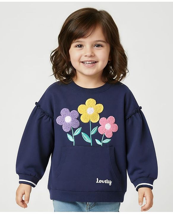 Babyhug Fleece Knit Drop Shoulder Full Sleeves Sweatshirt With Floral Embroidery & Kangaroo Pockets - Navy Blue
