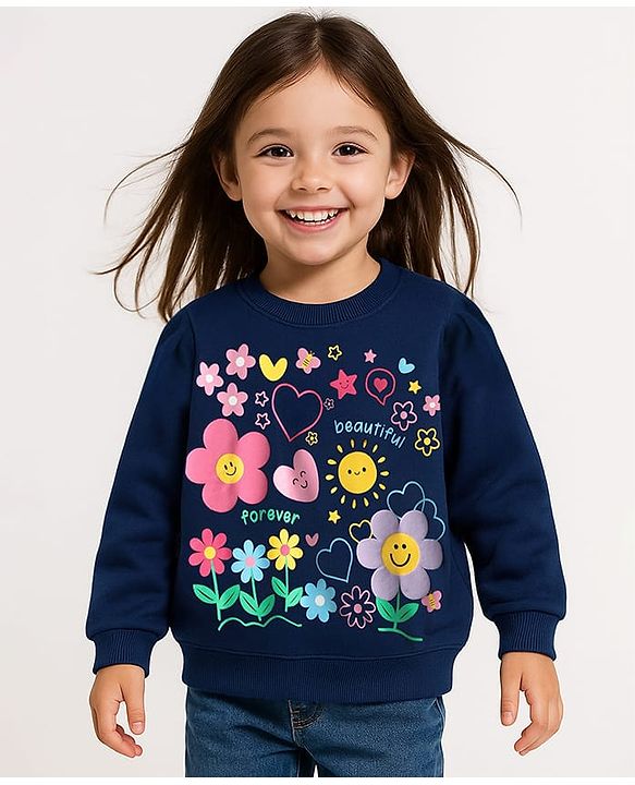 Babyhug Cotton Knit Full Sleeves Sweatshirt with Floral Print - Navy Blue