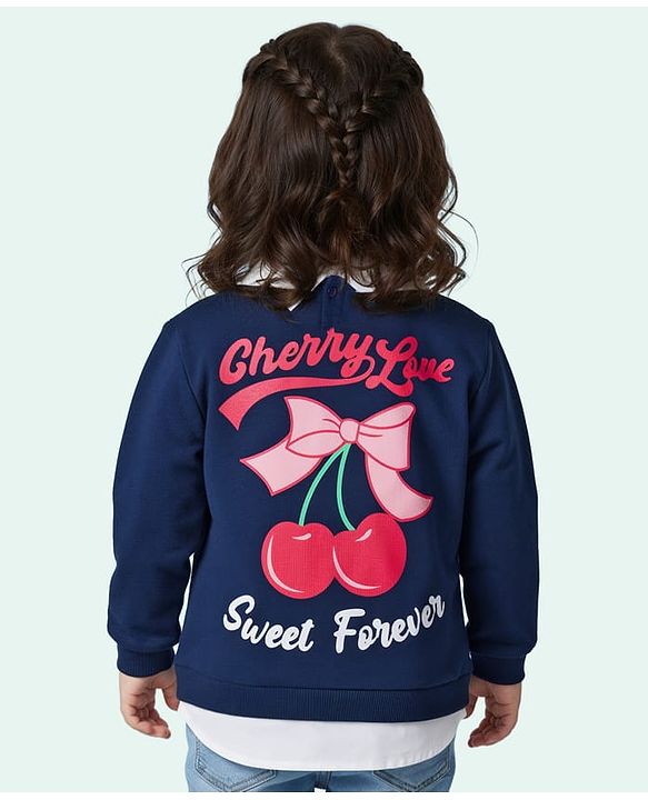 Babyhug Fleece Knit Full Sleeves Overlapped Sweatshirt With Front & Back Cherry Print - Navy Blue