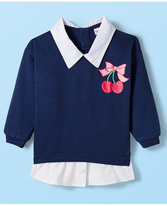 Babyhug Fleece Knit Full Sleeves Overlapped Sweatshirt With Front & Back Cherry Print - Navy Blue