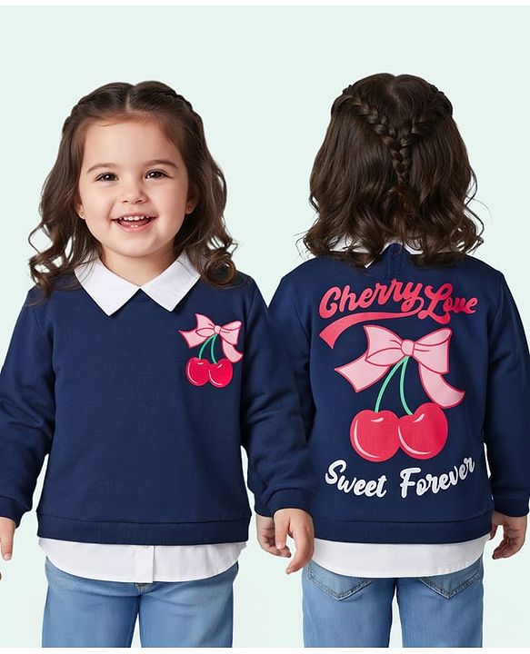 Babyhug Fleece Knit Full Sleeves Overlapped Sweatshirt With Front & Back Cherry Print - Navy Blue