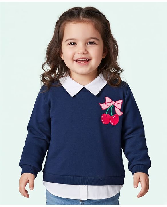 Babyhug Fleece Knit Full Sleeves Overlapped Sweatshirt With Front & Back Cherry Print - Navy Blue