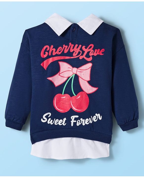 Babyhug Fleece Knit Full Sleeves Overlapped Sweatshirt With Front & Back Cherry Print - Navy Blue