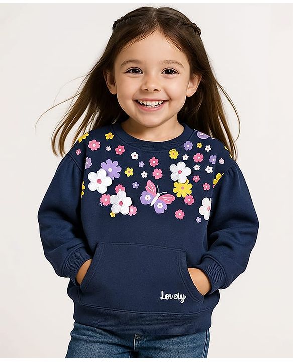 Babyhug Fleece Knit Full Sleeves Floral Applique & Butterfly Printed Sweatshirt - Navy Blue