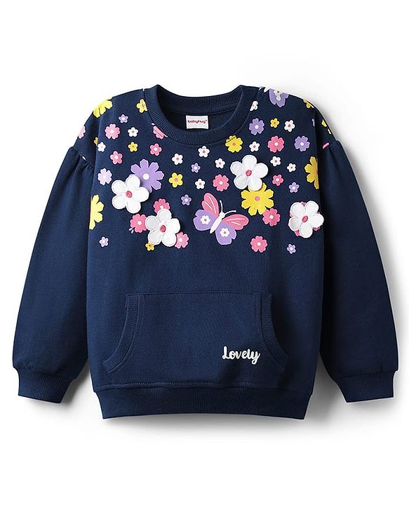 Babyhug Fleece Knit Full Sleeves Floral Applique & Butterfly Printed Sweatshirt - Navy Blue