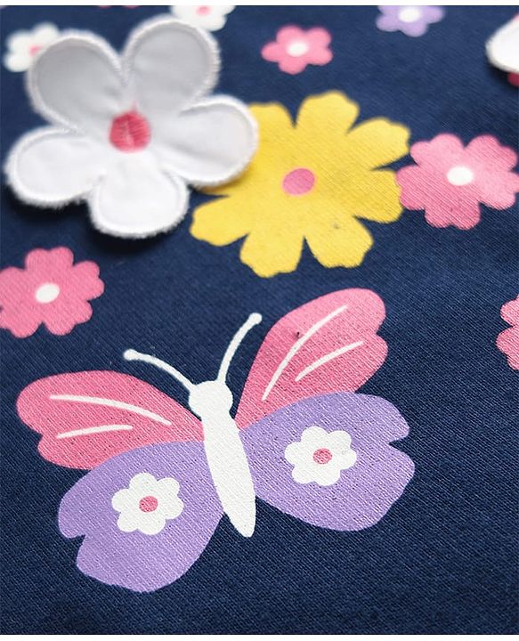 Babyhug Fleece Knit Full Sleeves Floral Applique & Butterfly Printed Sweatshirt - Navy Blue