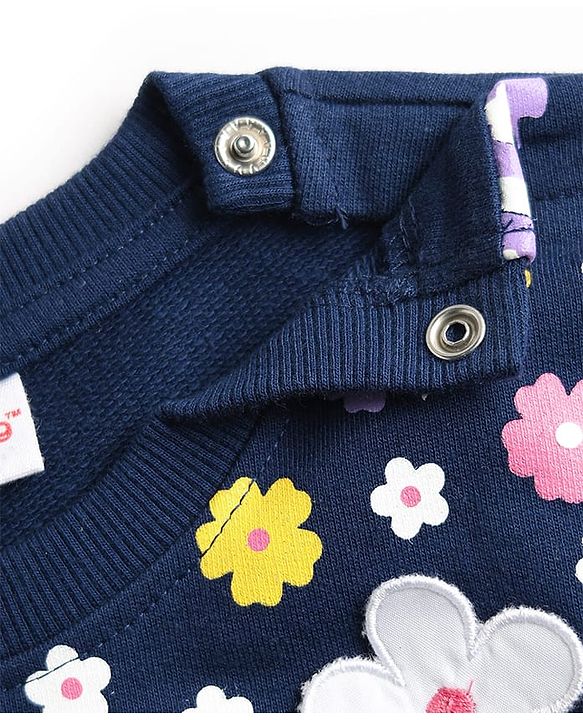 Babyhug Fleece Knit Full Sleeves Floral Applique & Butterfly Printed Sweatshirt - Navy Blue