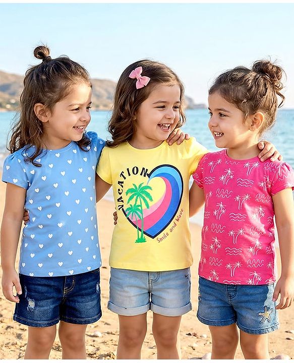 Babyhug 100% Cotton Knit Half Sleeves T-Shirts with Heart & Beach Theme Print Pack of 3 - Yellow Dark Pink & Blue