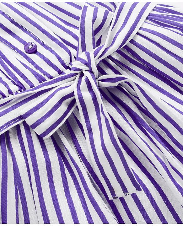 Babyhug Cotton Woven Striped Frock & Full Sleeves Inner Tee With Belt - Purple & White
