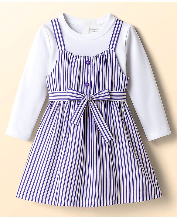 Babyhug Cotton Woven Striped Frock & Full Sleeves Inner Tee With Belt - Purple & White