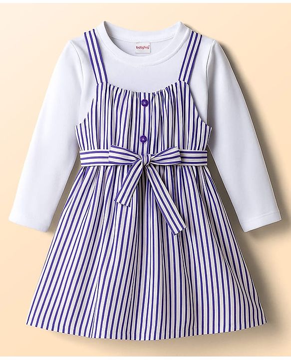 Babyhug Cotton Woven Striped Frock & Full Sleeves Inner Tee With Belt - Purple & White