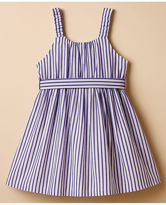 Babyhug Cotton Woven Striped Frock & Full Sleeves Inner Tee With Belt - Purple & White
