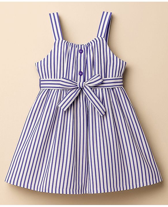 Babyhug Cotton Woven Striped Frock & Full Sleeves Inner Tee With Belt - Purple & White
