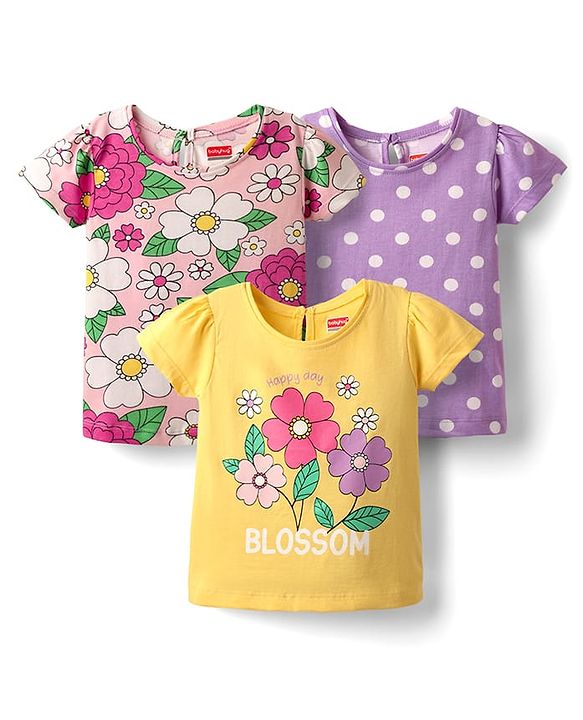 Babyhug 100% Cotton Knit Half Sleeves Floral & Polka Dot Printed T-Shirts Pack of 3 - Yellow Pink & Purple