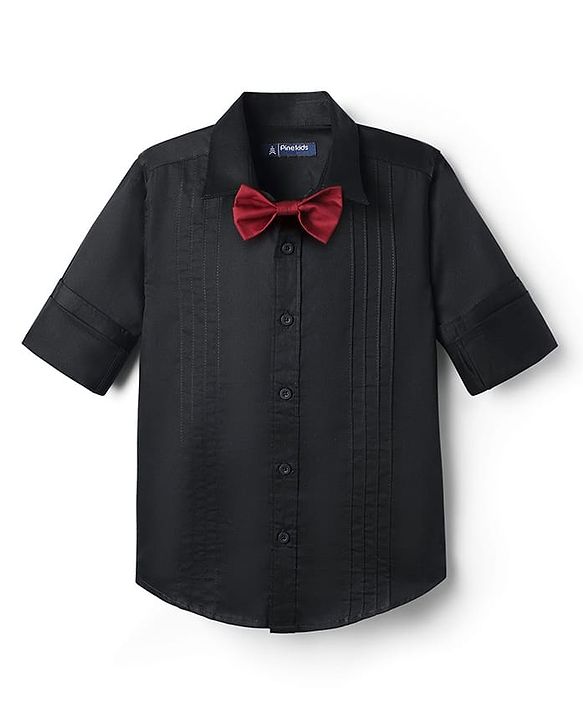 Pine Kids Cotton Woven Full Sleeves Solid Color Party Shirt - Black