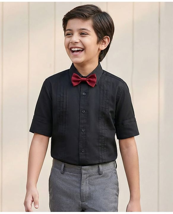 Pine Kids Cotton Woven Full Sleeves Solid Color Party Shirt - Black