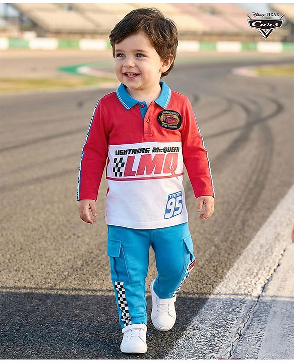 Babyhug Disney Single Jersey Knit Full Sleeves Cut and Sew Polo T-Shirt & Lounge Pants Set with Cars Graphic - Red & Blue