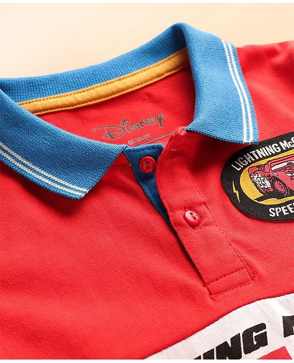 Babyhug Disney Single Jersey Knit Full Sleeves Cut and Sew Polo T-Shirt & Lounge Pants Set with Cars Graphic - Red & Blue