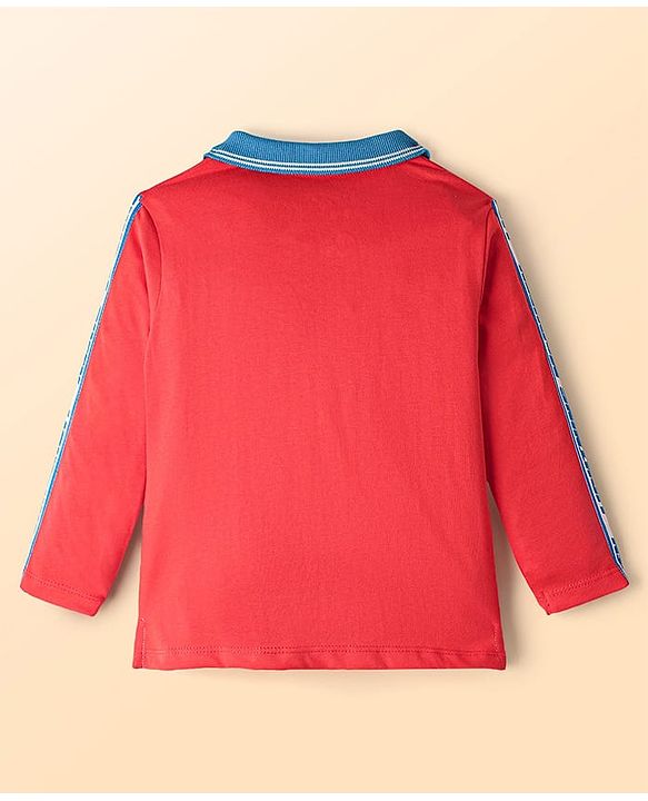 Babyhug Disney Single Jersey Knit Full Sleeves Cut and Sew Polo T-Shirt & Lounge Pants Set with Cars Graphic - Red & Blue