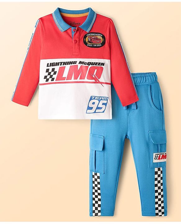 Babyhug Disney Single Jersey Knit Full Sleeves Cut and Sew Polo T-Shirt & Lounge Pants Set with Cars Graphic - Red & Blue