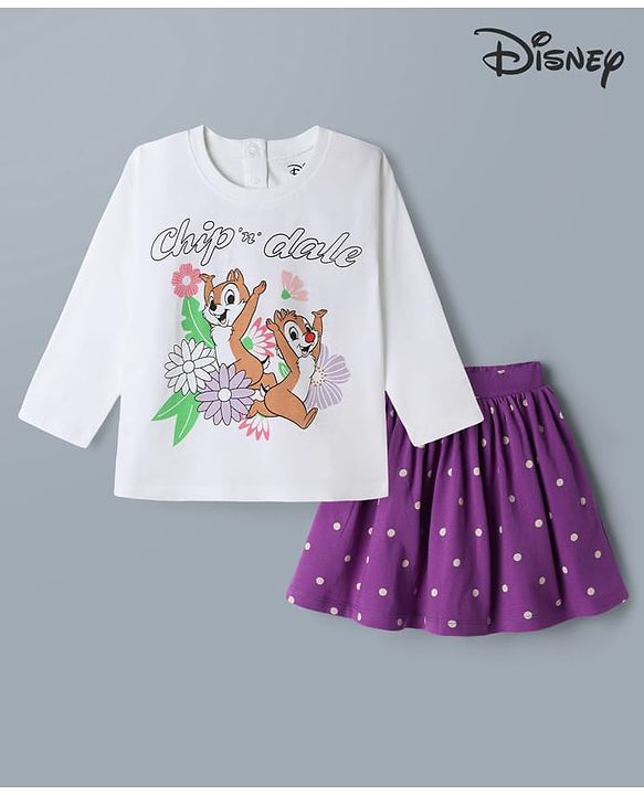 Babyhug Disney 100% Cotton Knit Full Sleeves T-Shirt & Skirt Set With Chip N Dale Graphic - Purple