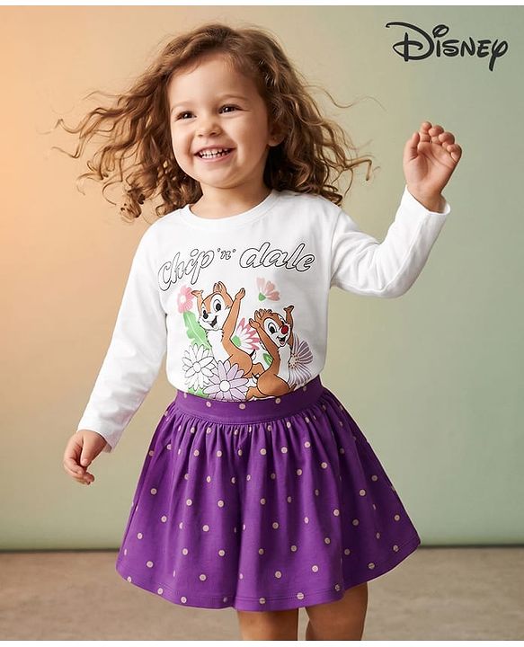 Babyhug Disney 100% Cotton Knit Full Sleeves T-Shirt & Skirt Set With Chip N Dale Graphic - Purple