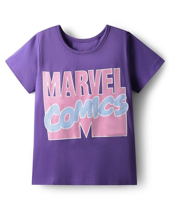 Pine Kids Marvel Single Jersey Knit Half Sleeves T-Shirt & Shorts Set With Avengers Graphics - Purple & Blue