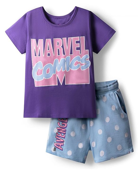 Pine Kids Marvel Single Jersey Knit Half Sleeves T-Shirt & Shorts Set With Avengers Graphics - Purple & Blue