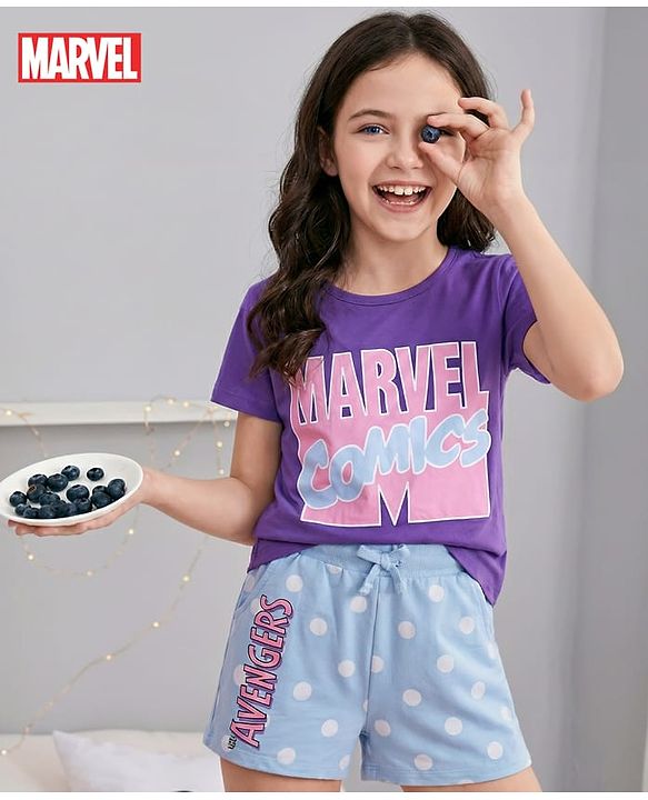 Pine Kids Marvel Single Jersey Knit Half Sleeves T-Shirt & Shorts Set With Avengers Graphics - Purple & Blue