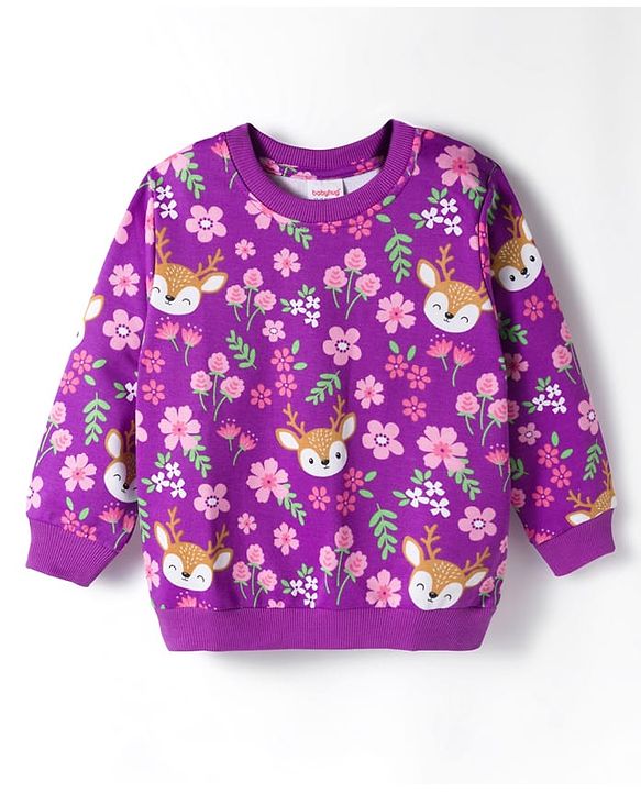 Babyhug Cotton Knit Full Sleeves Sweatshirts With Floral & Reindeer Print Pack of 2 - Pink & Purple