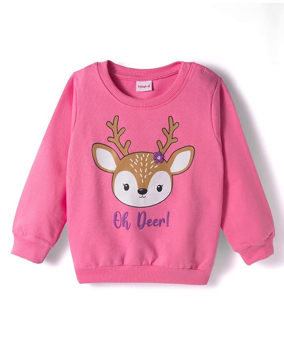 Babyhug Cotton Knit Full Sleeves Sweatshirts With Floral & Reindeer Print Pack of 2 - Pink & Purple