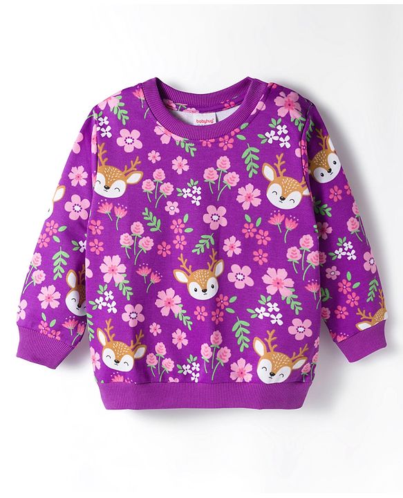 Babyhug Cotton Knit Full Sleeves Sweatshirts With Floral & Reindeer Print Pack of 2 - Pink & Purple