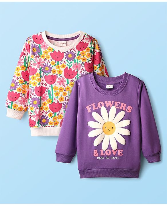 Babyhug Cotton Knit Full Sleeves Floral Printed Sweatshirts Pack of 2 - Purple & White