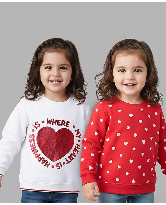 Babyhug 100% Cotton Full Sleeves Hearts Foil Printed Sweatshirt Pack Of 2 - Red & White