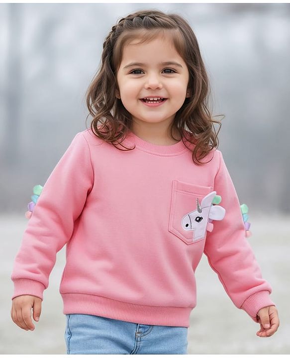 Babyhug Cotton Knit Full Sleeves Sweatshirt with Unicorn Applique - Pink