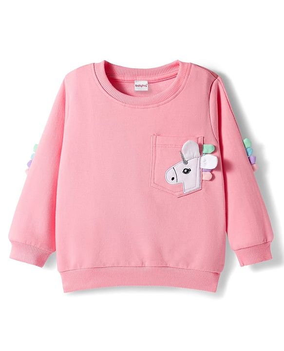 Babyhug Cotton Knit Full Sleeves Sweatshirt with Unicorn Applique - Pink