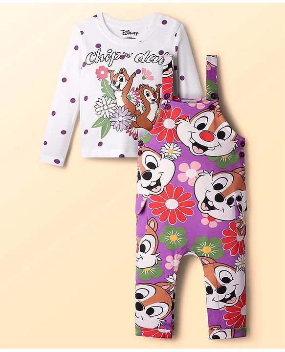 Babyhug Disney Single Jersey Knit Full Sleeve T-Shirt & Dungaree Set with Chip n Dale Graphic - Lilac & White