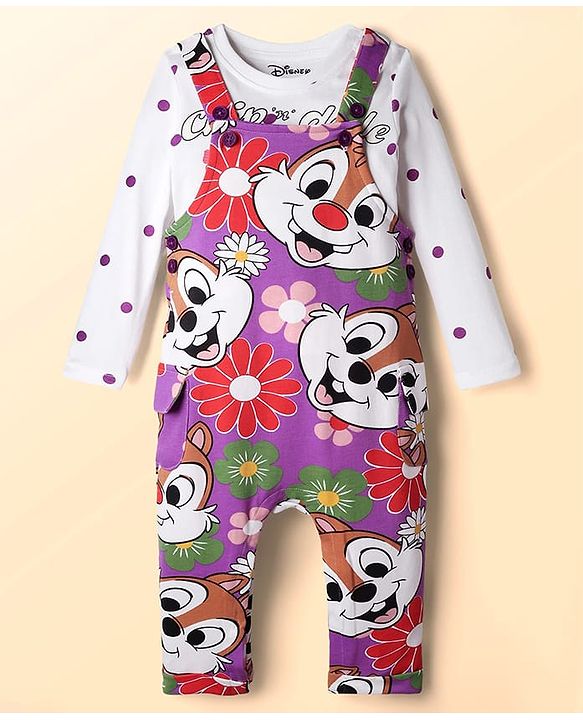 Babyhug Disney Single Jersey Knit Full Sleeve T-Shirt & Dungaree Set with Chip n Dale Graphic - Lilac & White
