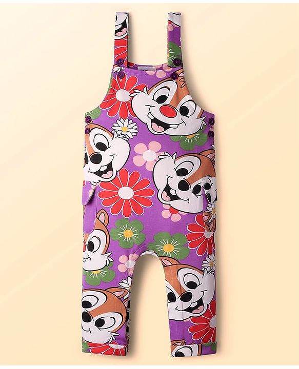 Babyhug Disney Single Jersey Knit Full Sleeve T-Shirt & Dungaree Set with Chip n Dale Graphic - Lilac & White