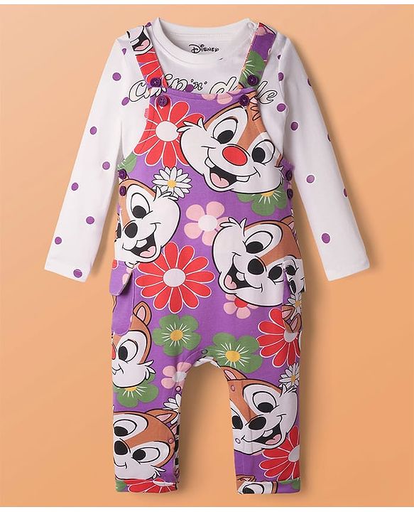 Babyhug Disney Single Jersey Knit Full Sleeve T-Shirt & Dungaree Set with Chip n Dale Graphic - Lilac & White