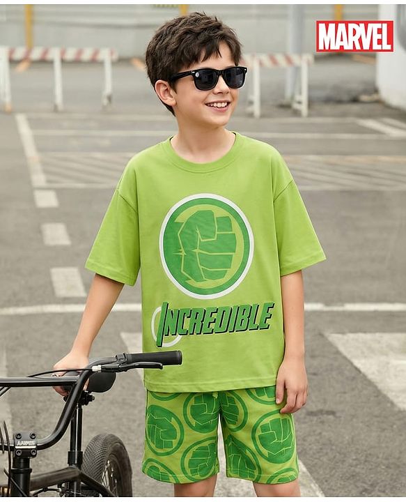 Pine Kids Marvel Single Jersey Knit Drop Shoulder Half Sleeves Oversized T-Shirt & Shorts Set With Avengers Graphics - Green